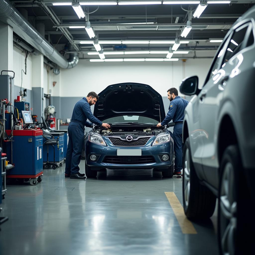 Modern auto service shop with mechanics working