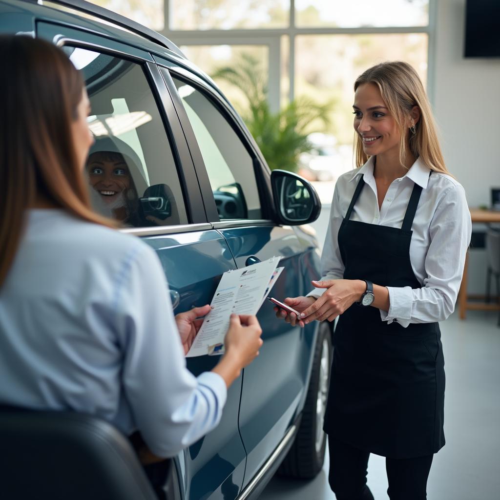 Malbes Service Srl staff member explaining car features to a customer during handover