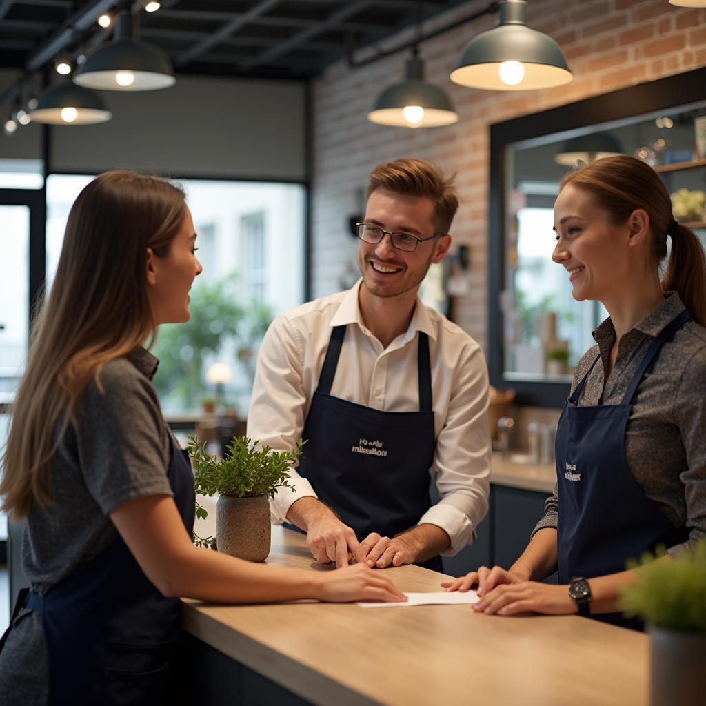 Friendly staff assisting a customer at Malbes Service Srl