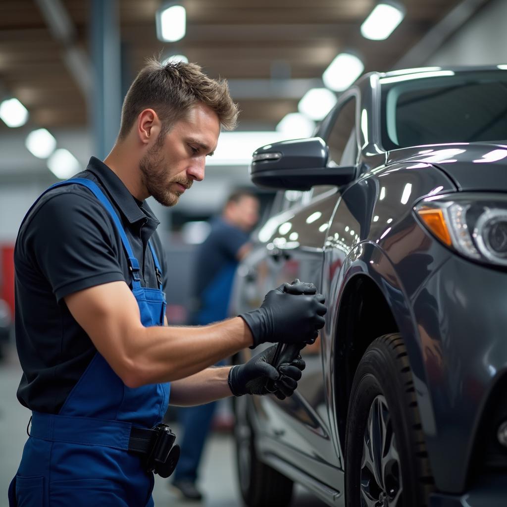 Mechanic inspecting a car in a Manhattan, Kansas auto repair shop