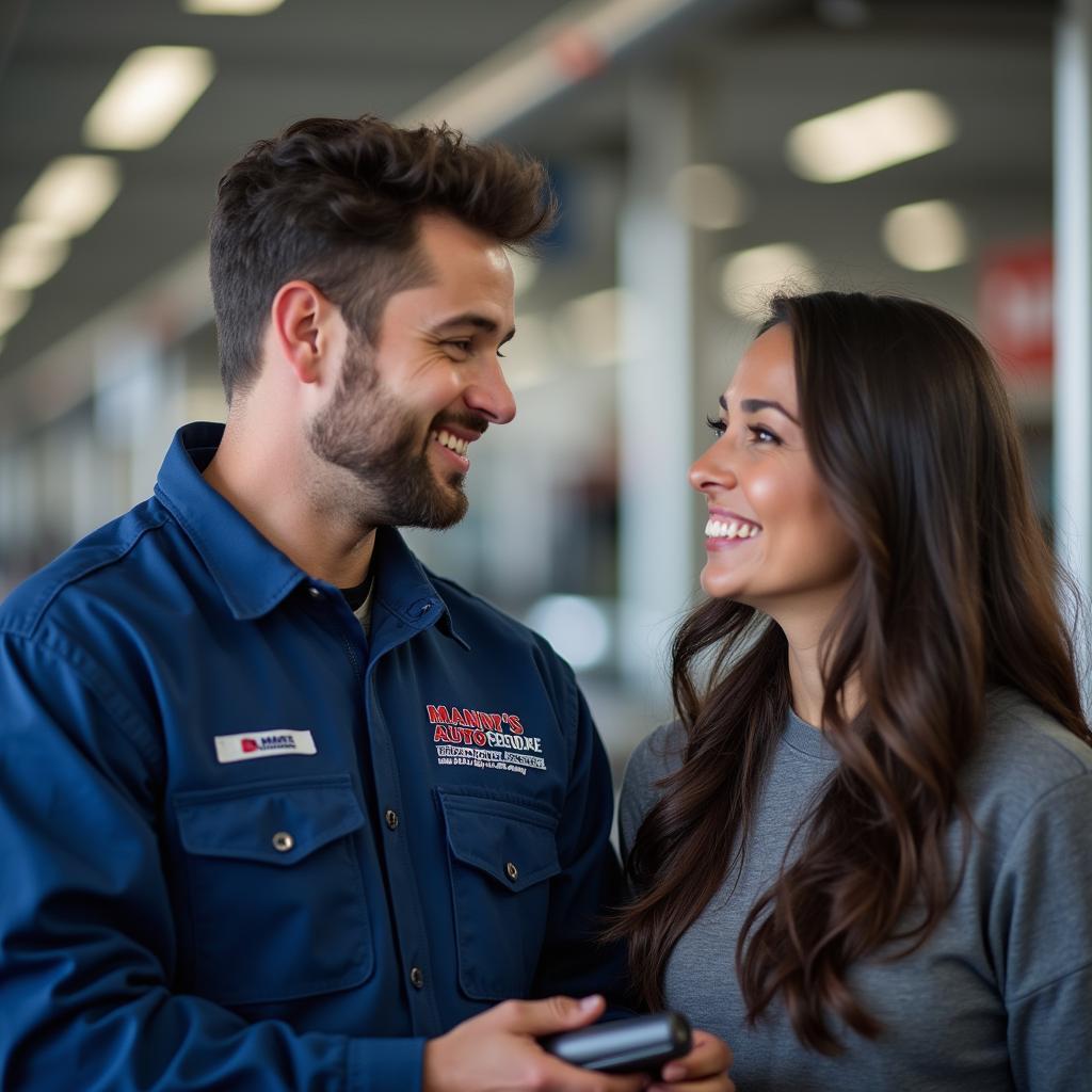 Manny's Auto Service Mechanic Consulting with a Customer