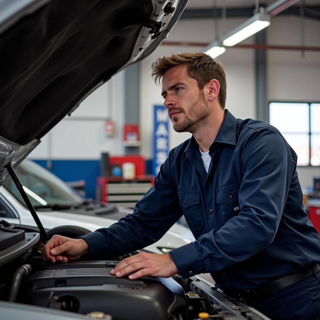 Certified Auto Service Technician Inspecting a Car Engine in Mansfield