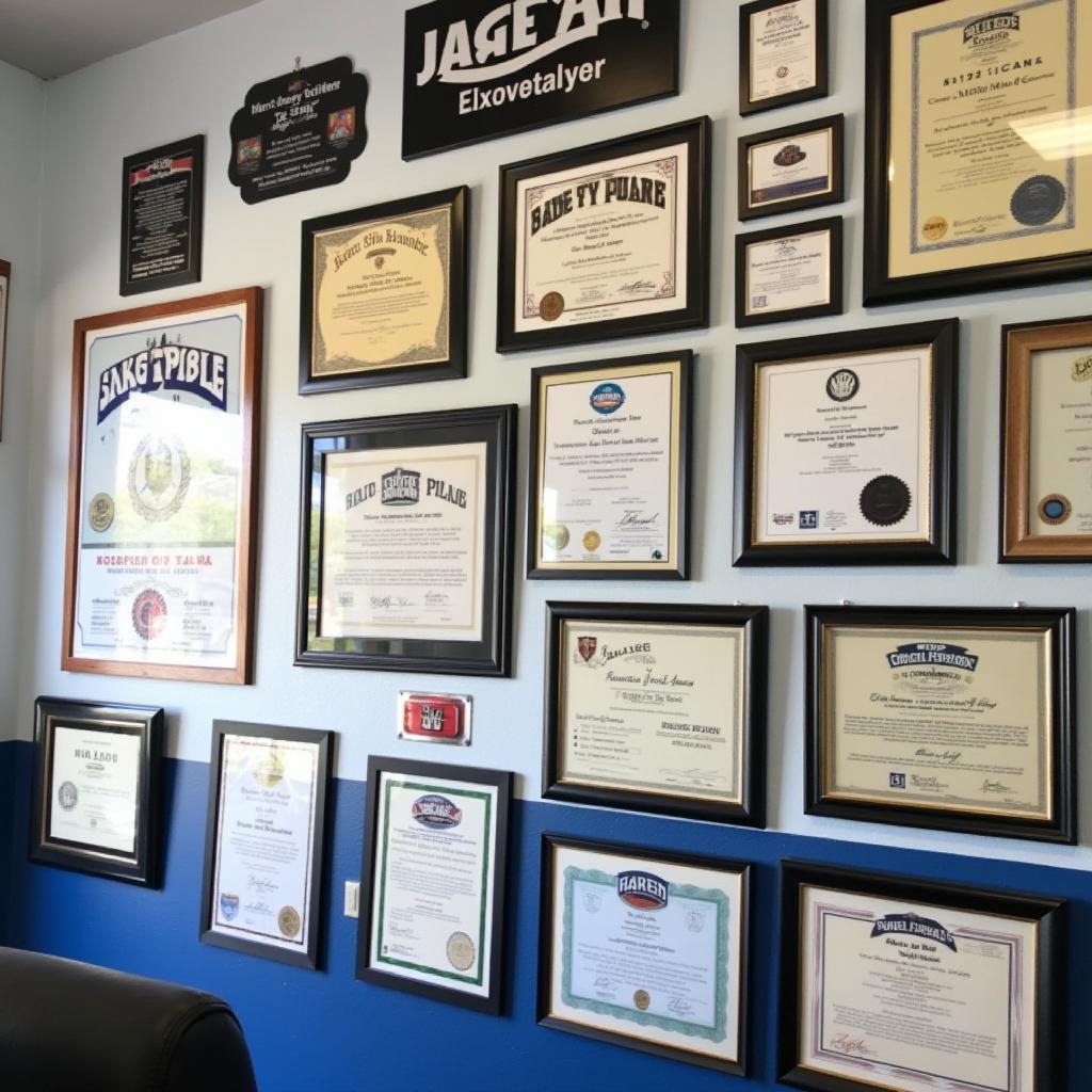 Certificates and licenses displayed on a wall in a mechanic's shop