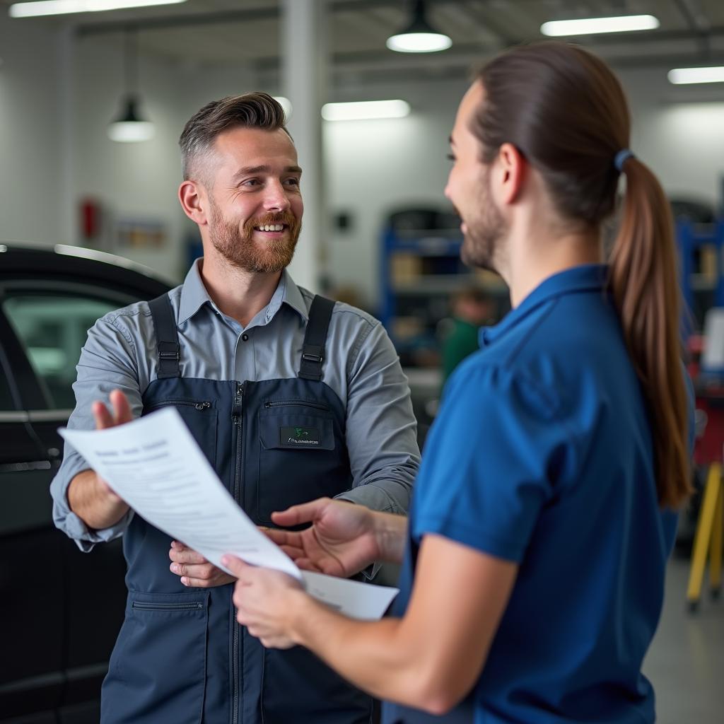 Customer discussing car repair with service advisor