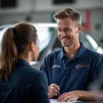 Friendly service advisor discussing car repair with a customer