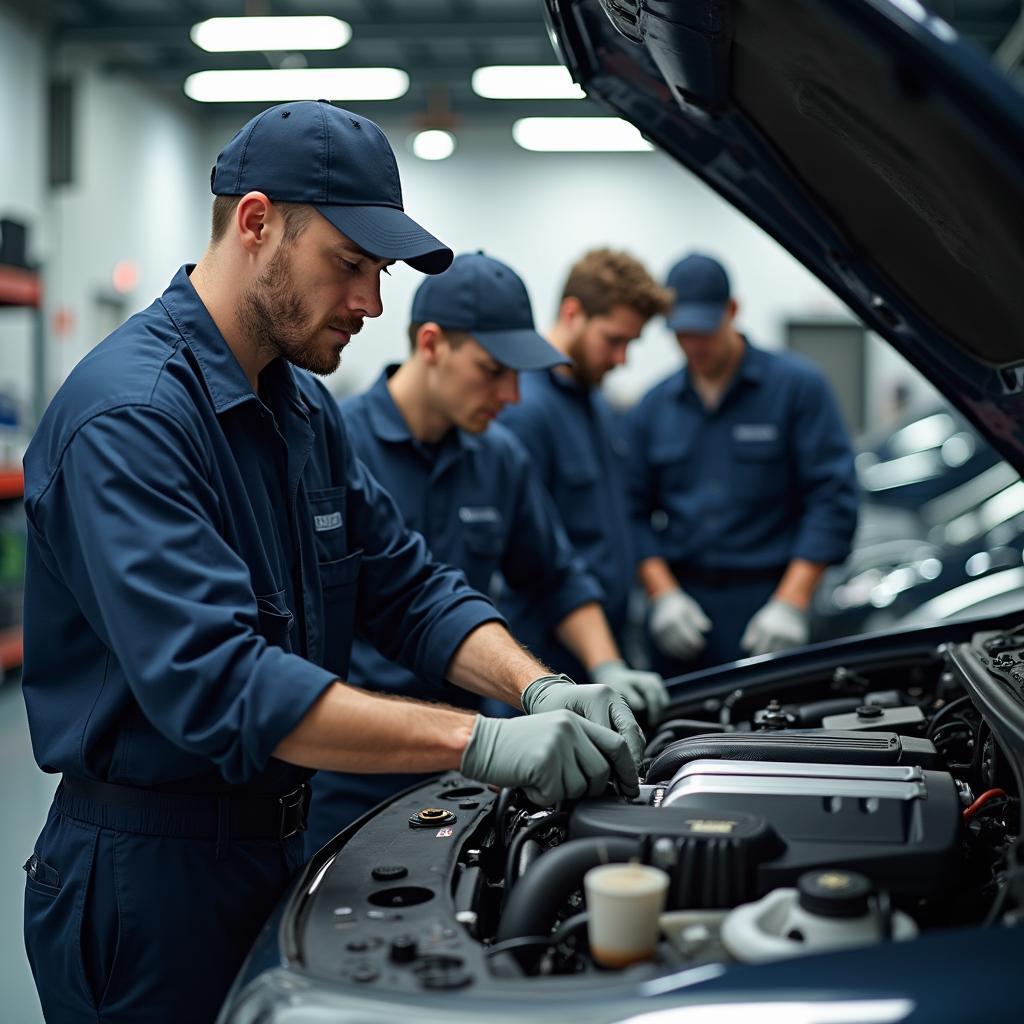 Experienced mechanics working on a car engine