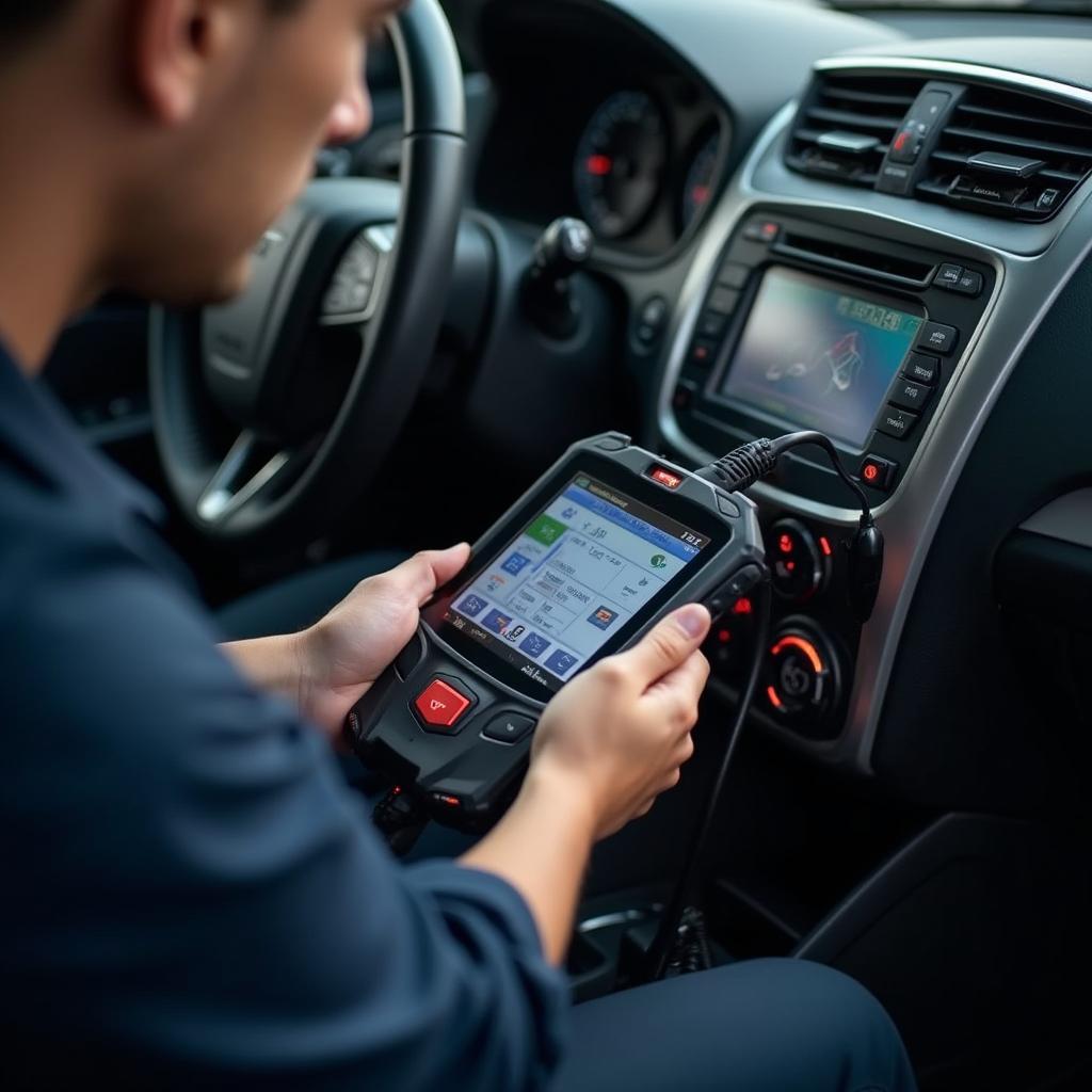 Mechanic using advanced diagnostic equipment on a car