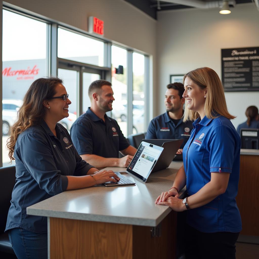 Friendly staff assisting customer at service counter