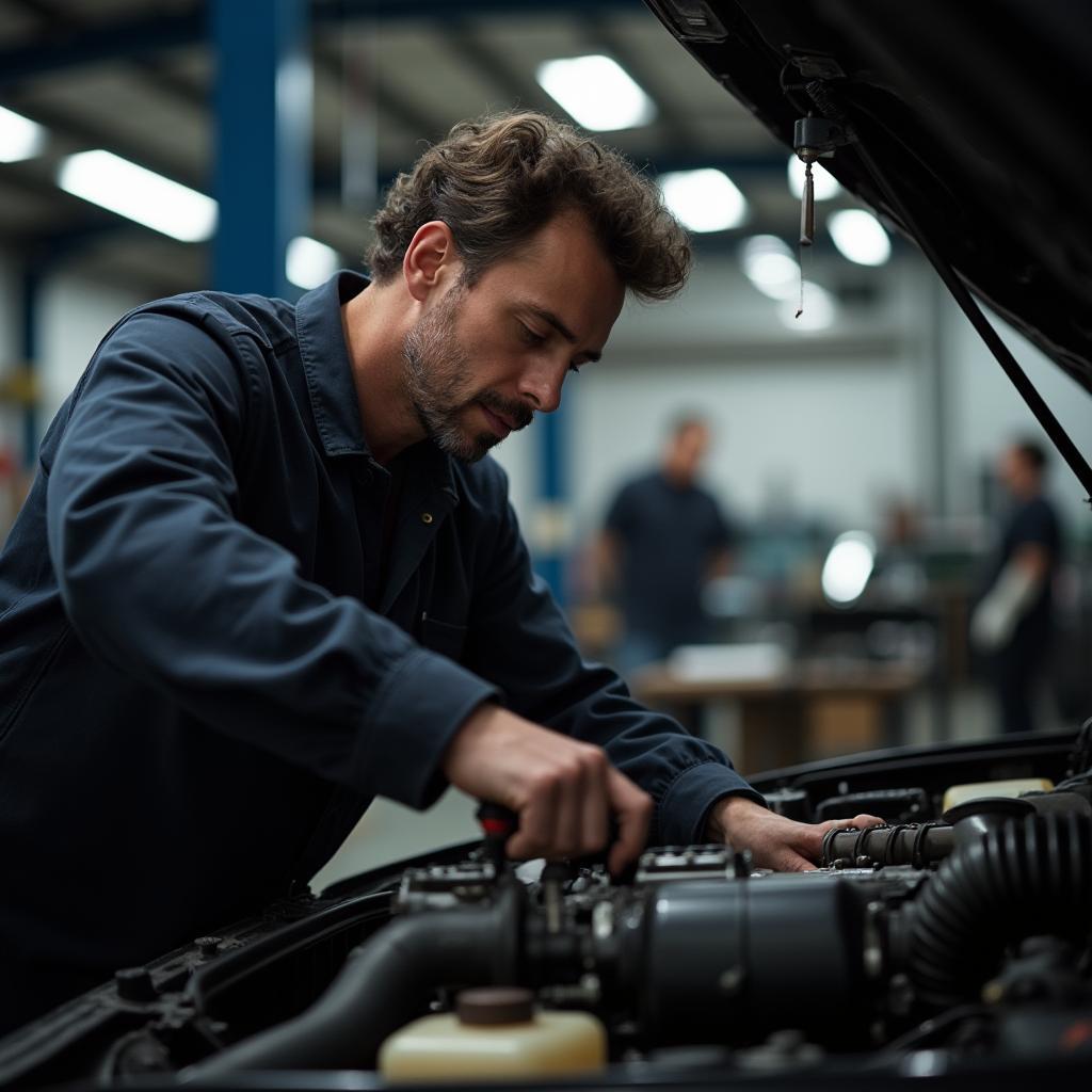 Skilled mechanic working on car engine