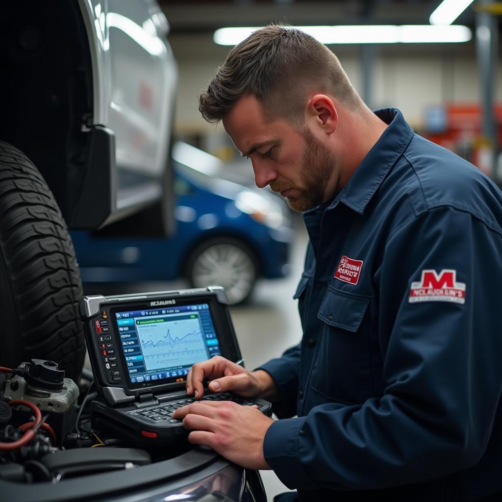 Skilled technician performing diagnostics on a vehicle at McLaughlin's Auto Service