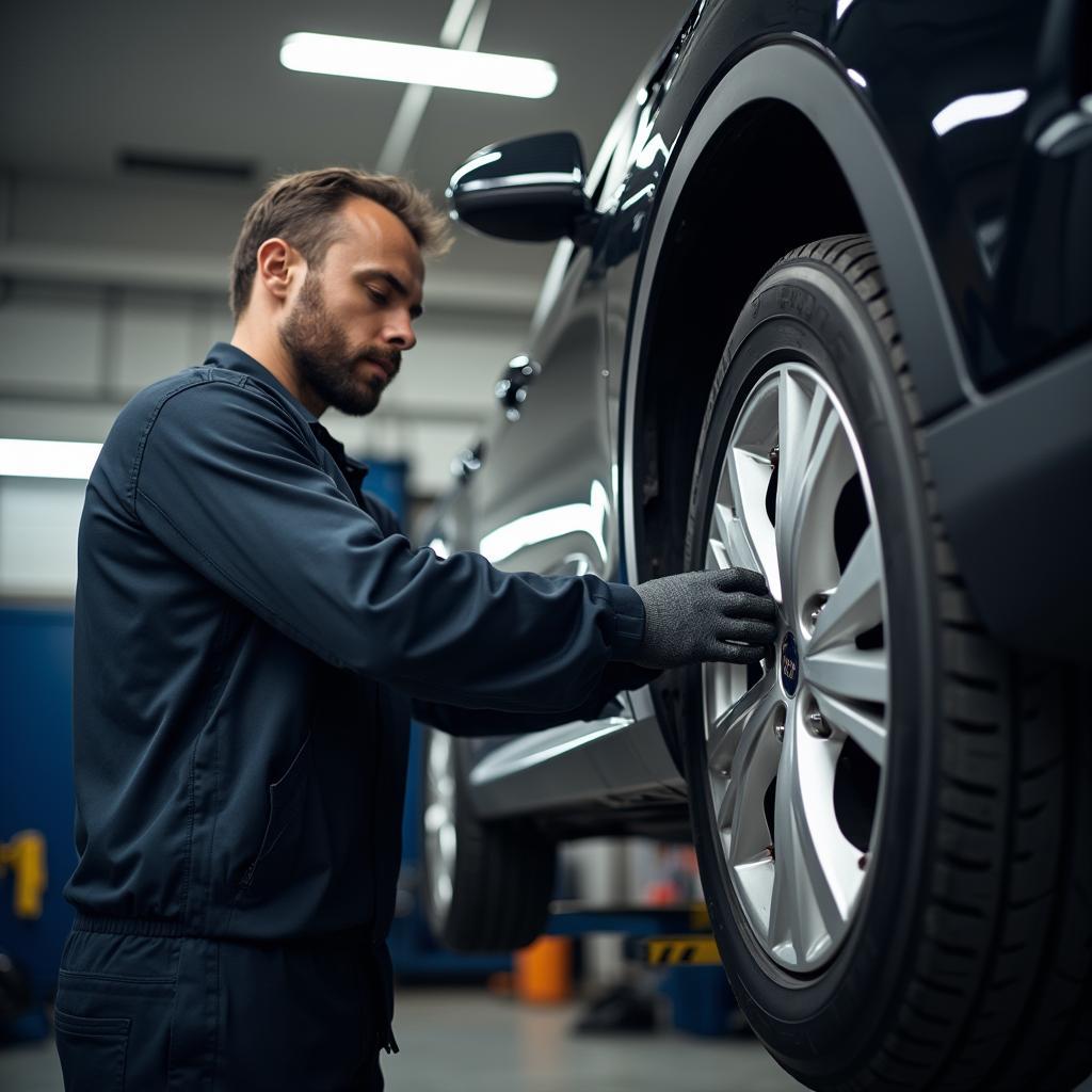 Mechanic Performing a Car Alignment Service