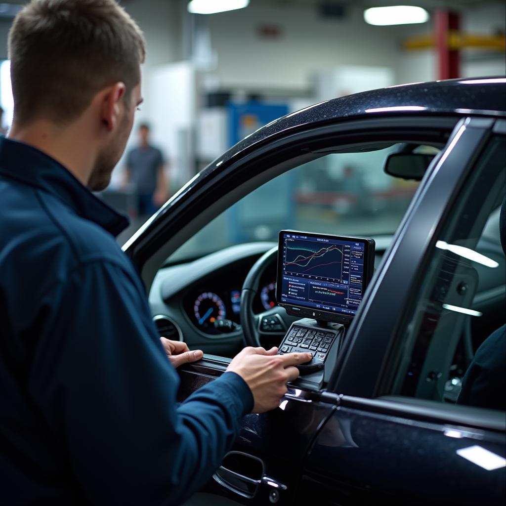 Mechanic using a diagnostic tool to analyze sensor data from a car