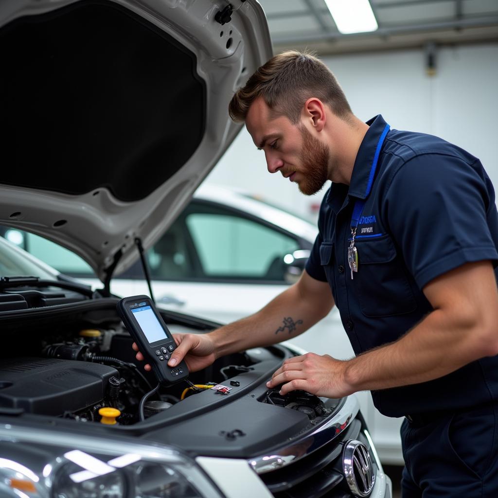 Mechanic using diagnostic equipment