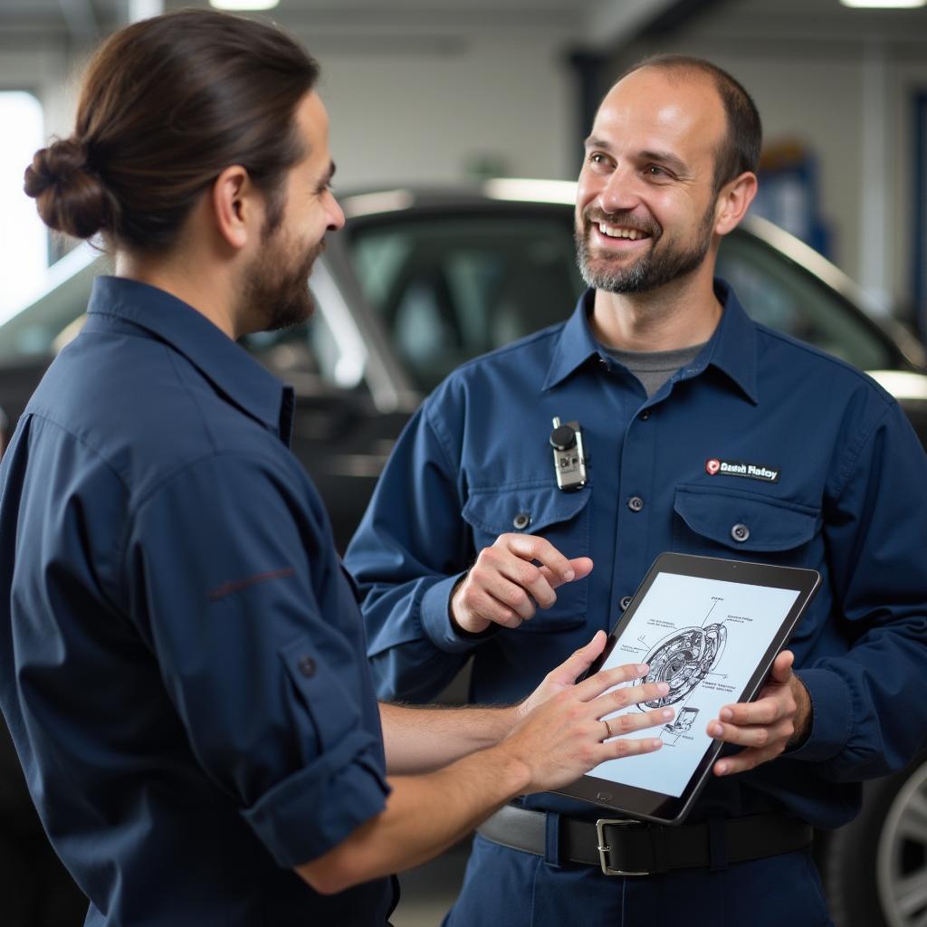 Mechanic explaining car issue to customer