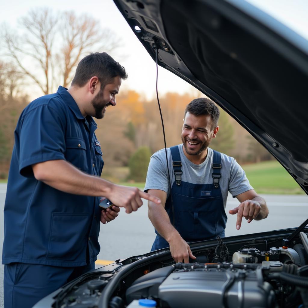 A mechanic assisting a driver with a roadside repair.