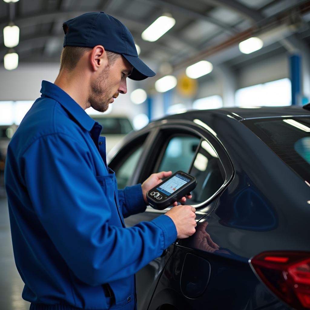 Mechanic using a diagnostic tool on a car's engine