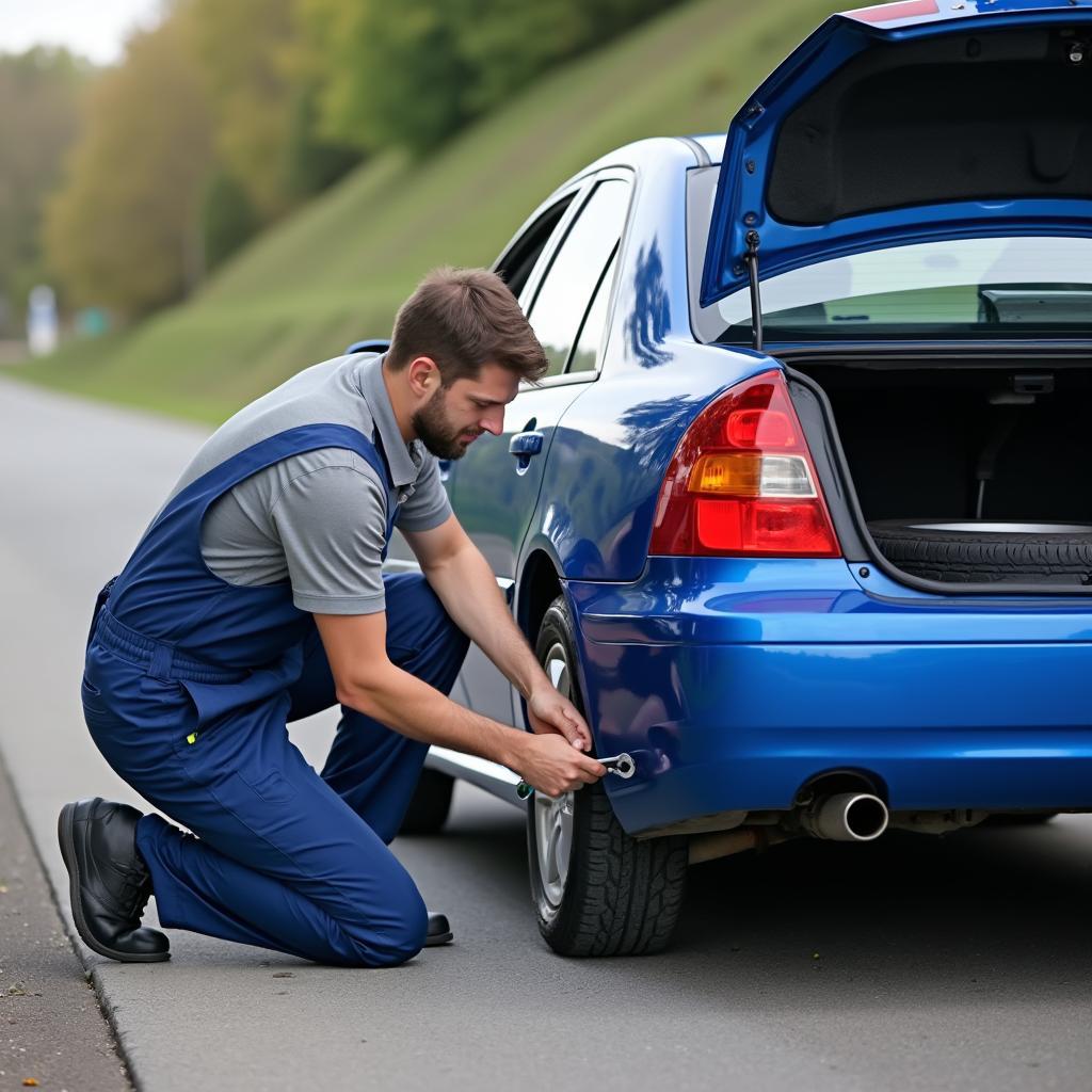 Mechanic changing a flat tire on a car