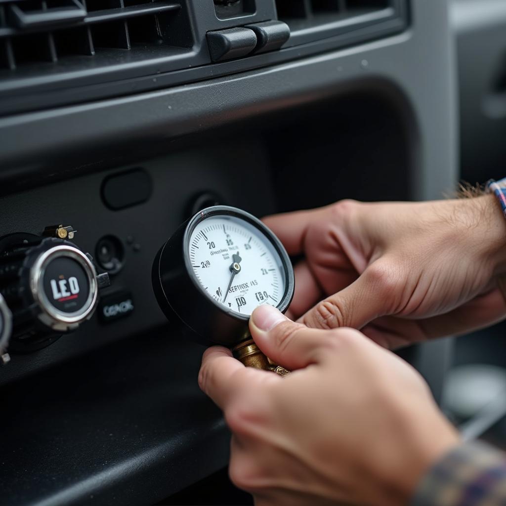 Mechanic uses a gauge to check the refrigerant levels in a car's AC system.