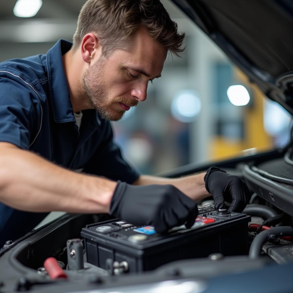 Mechanic Inspecting Car Battery for Auto Stop Service