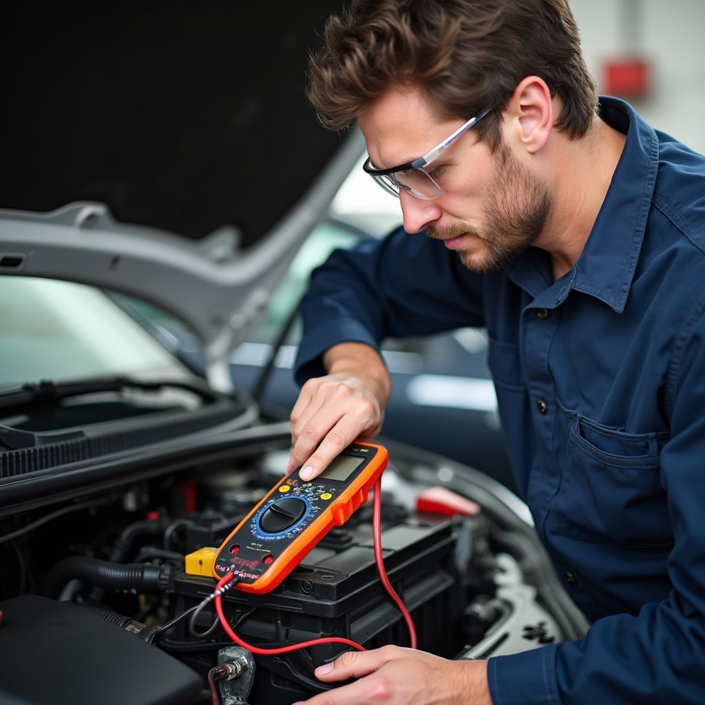 Mechanic inspecting a car battery in a Memphis auto shop