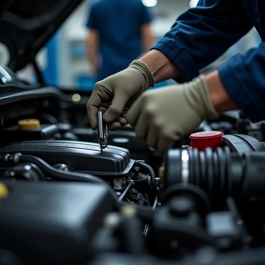 Mechanic inspecting a car engine