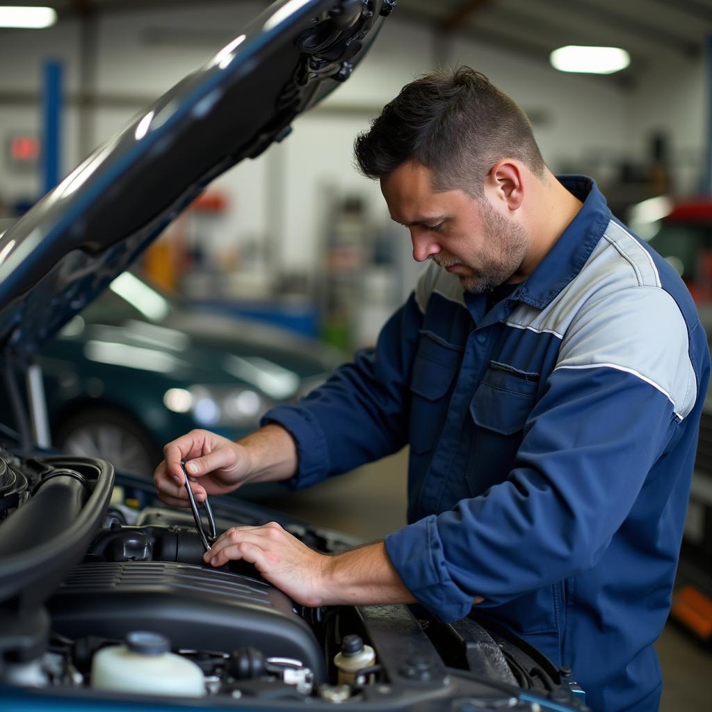 Mechanic inspecting a car engine on a Sunday