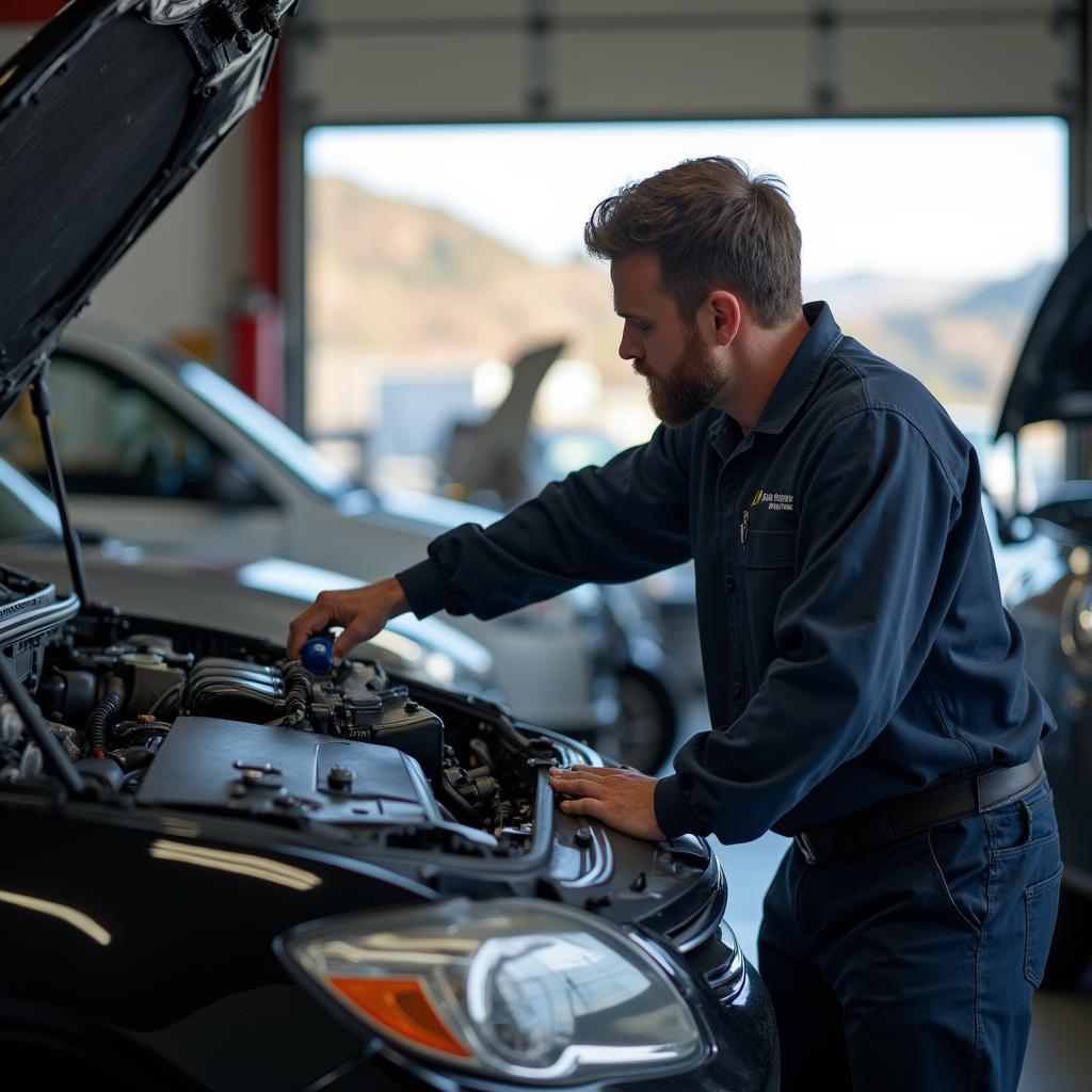 Mechanic inspecting a car in a hillside garage