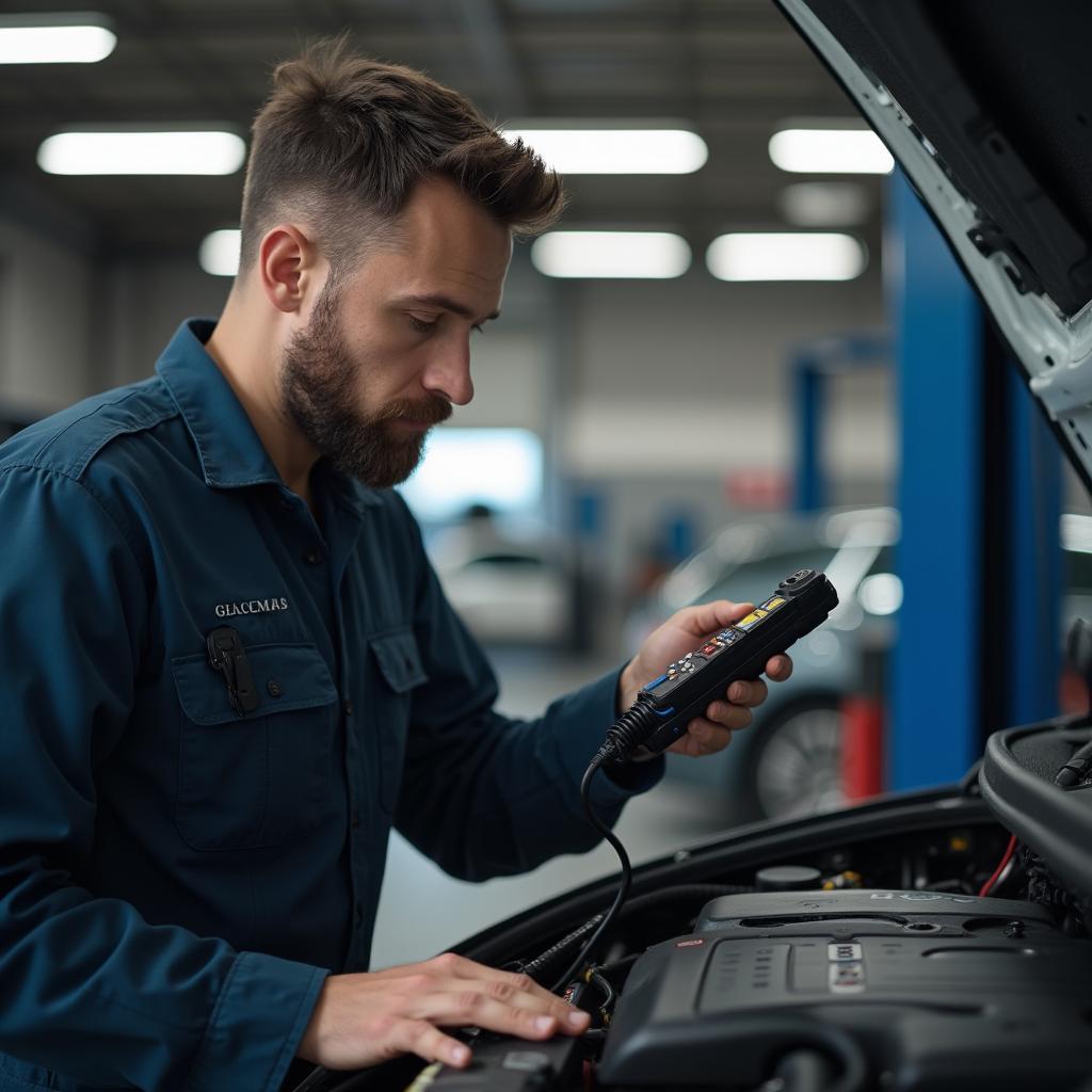 Mechanic inspecting a car engine in a Florence auto shop