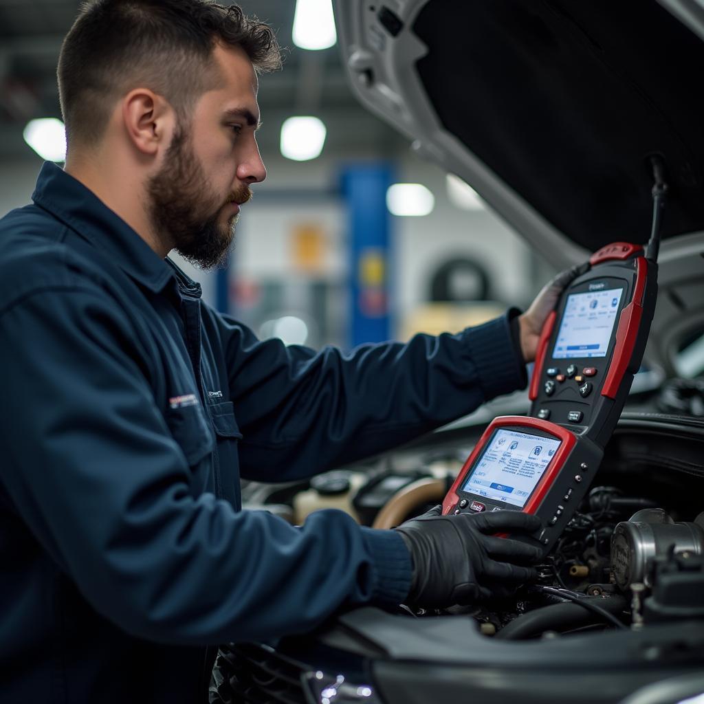 Experienced Mechanic Diagnosing a Car in a 75061 Auto Shop