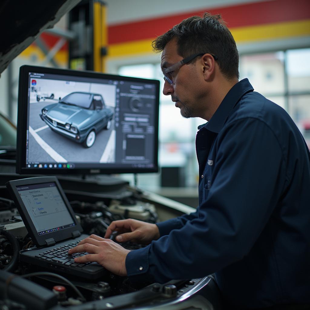 Experienced mechanic using diagnostic equipment in El Paso auto shop