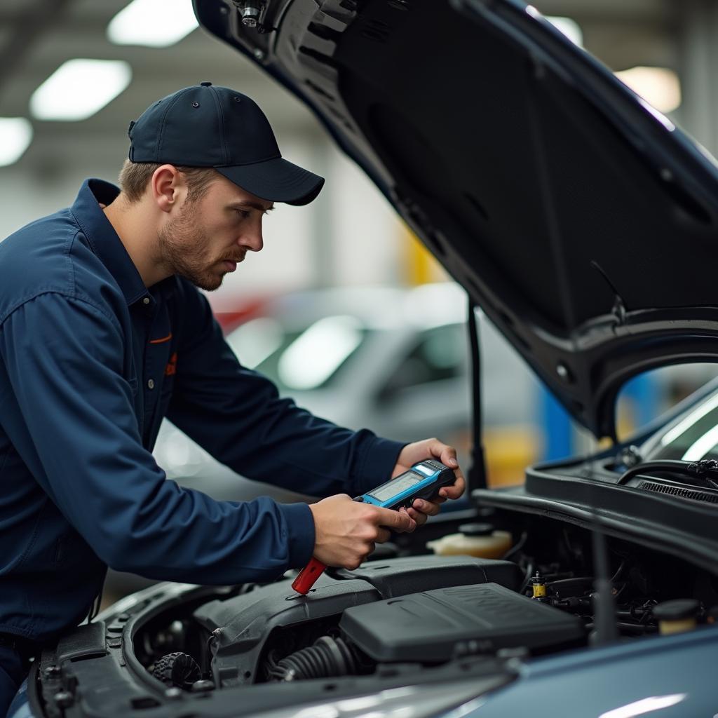 Mechanic using a diagnostic tool on a car in Birmingham