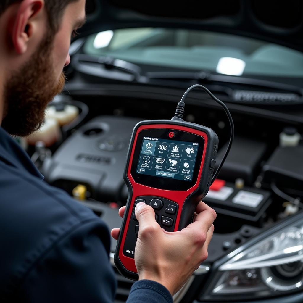 Mechanic Diagnosing Car Issue with Diagnostic Tool