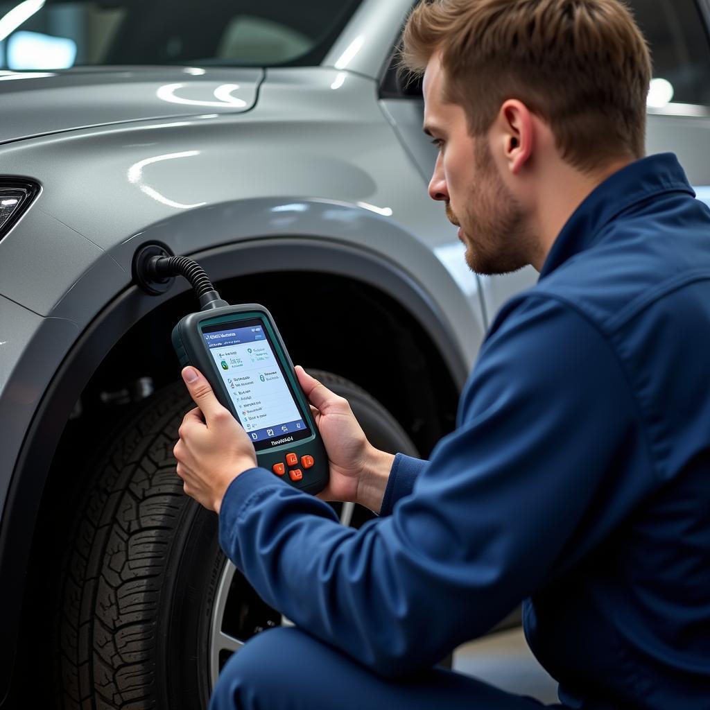 Mechanic using a diagnostic tool to identify the source of a car noise