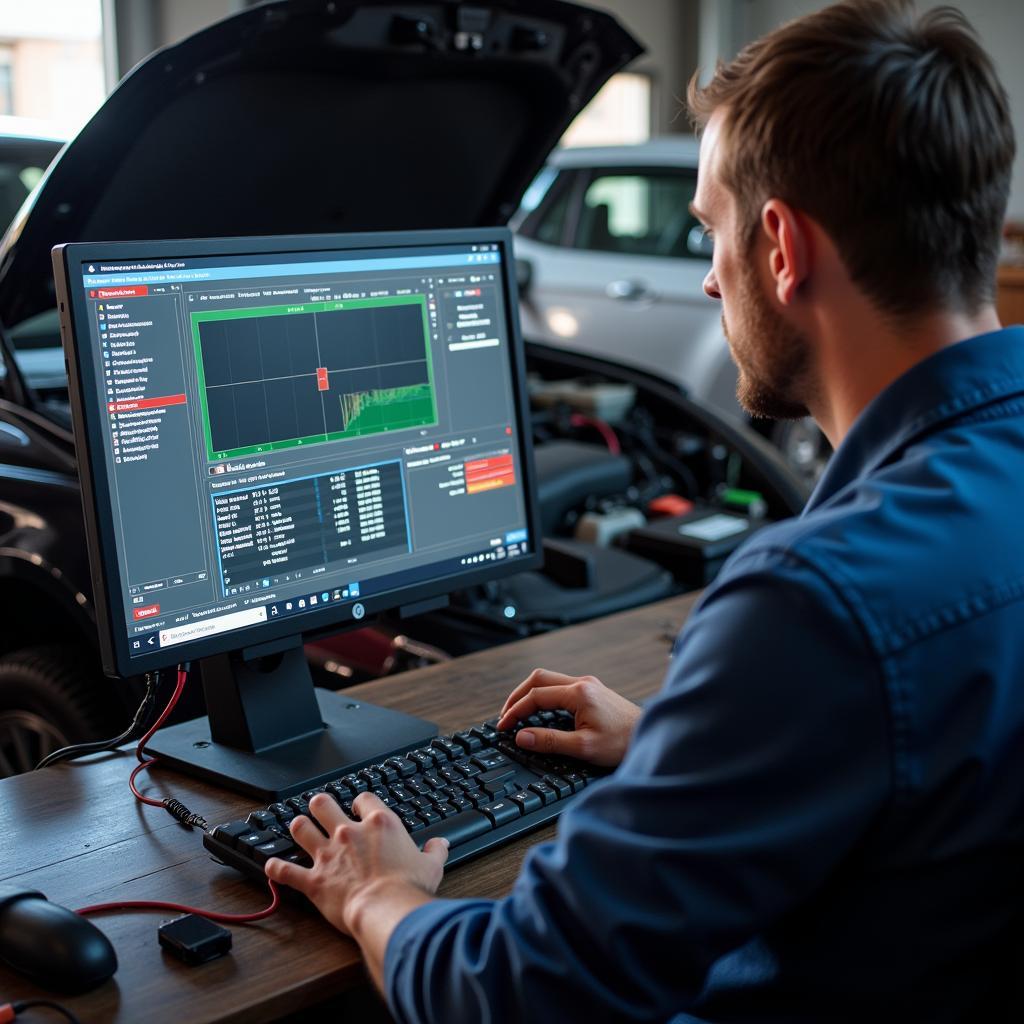 Car diagnostic with computer by expert mechanic