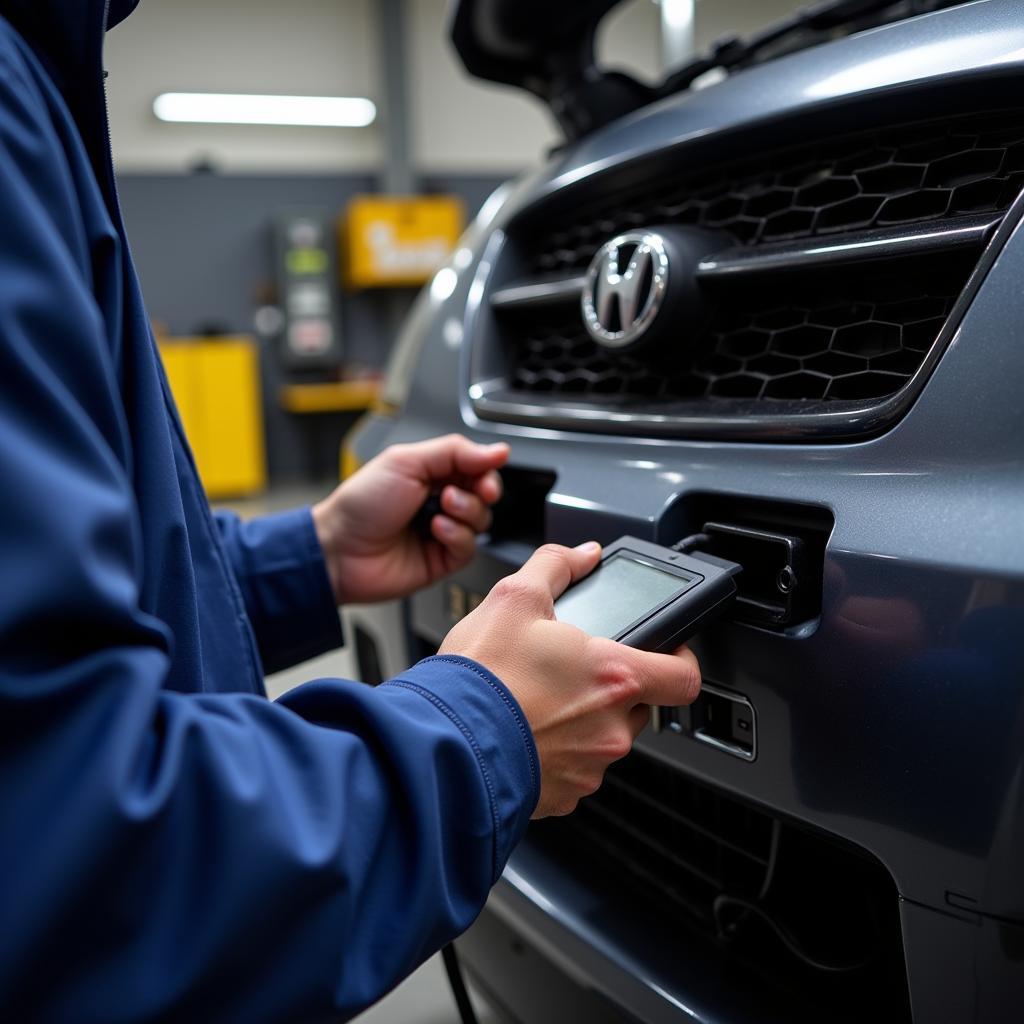 Mechanic Diagnosing Car with Scanner