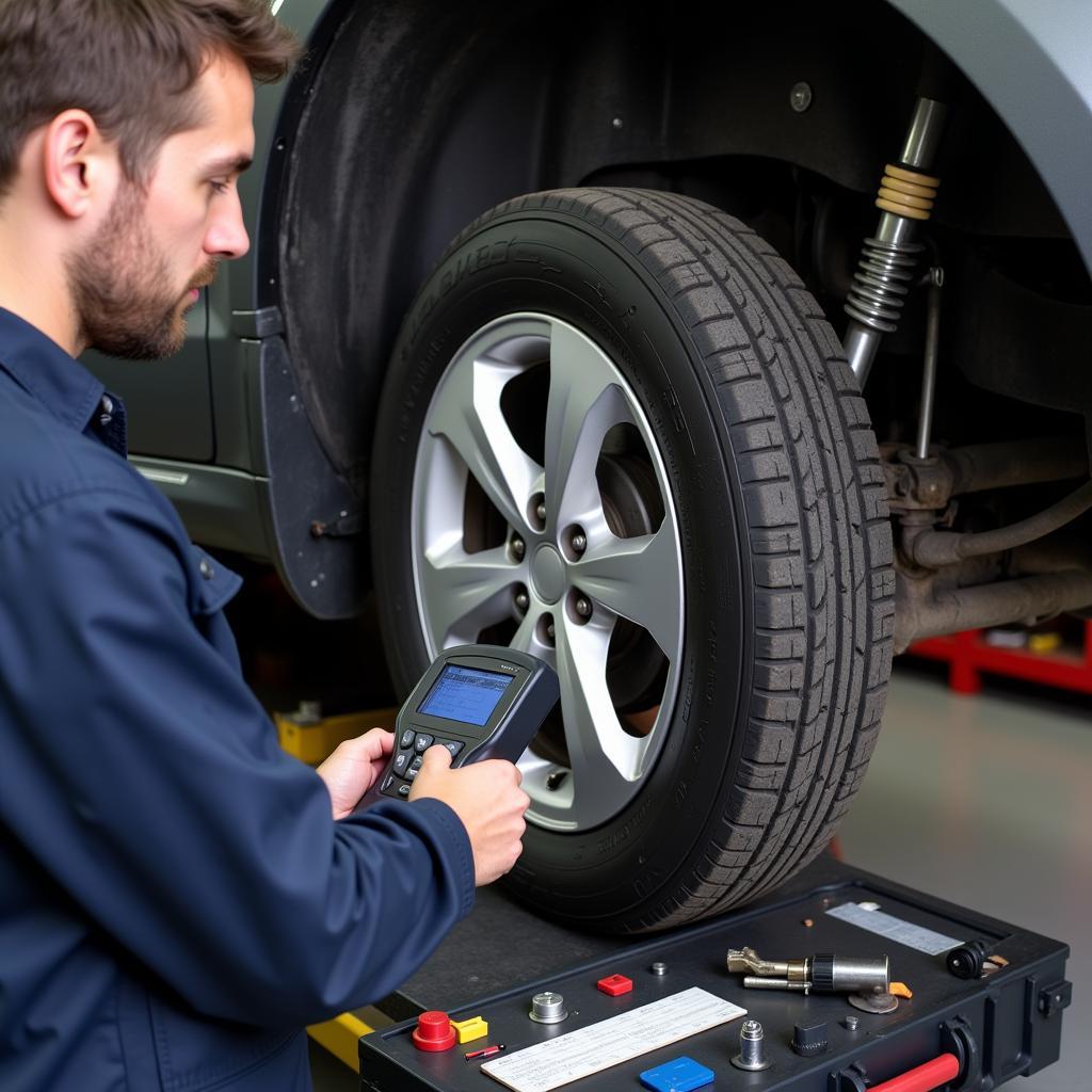 Mechanic Diagnosing Driveline Issue with Advanced Tools