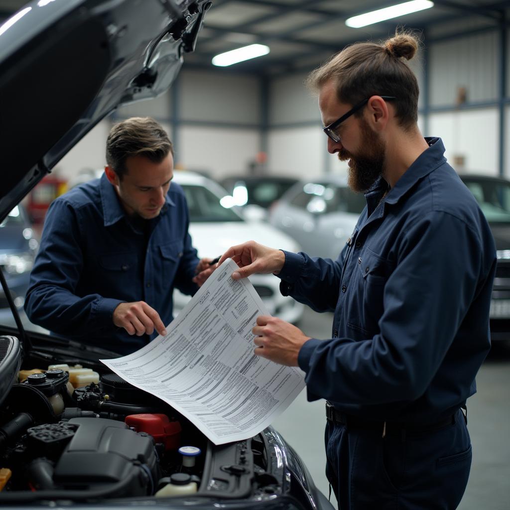 Mechanic discussing a diagnostic report with a car owner