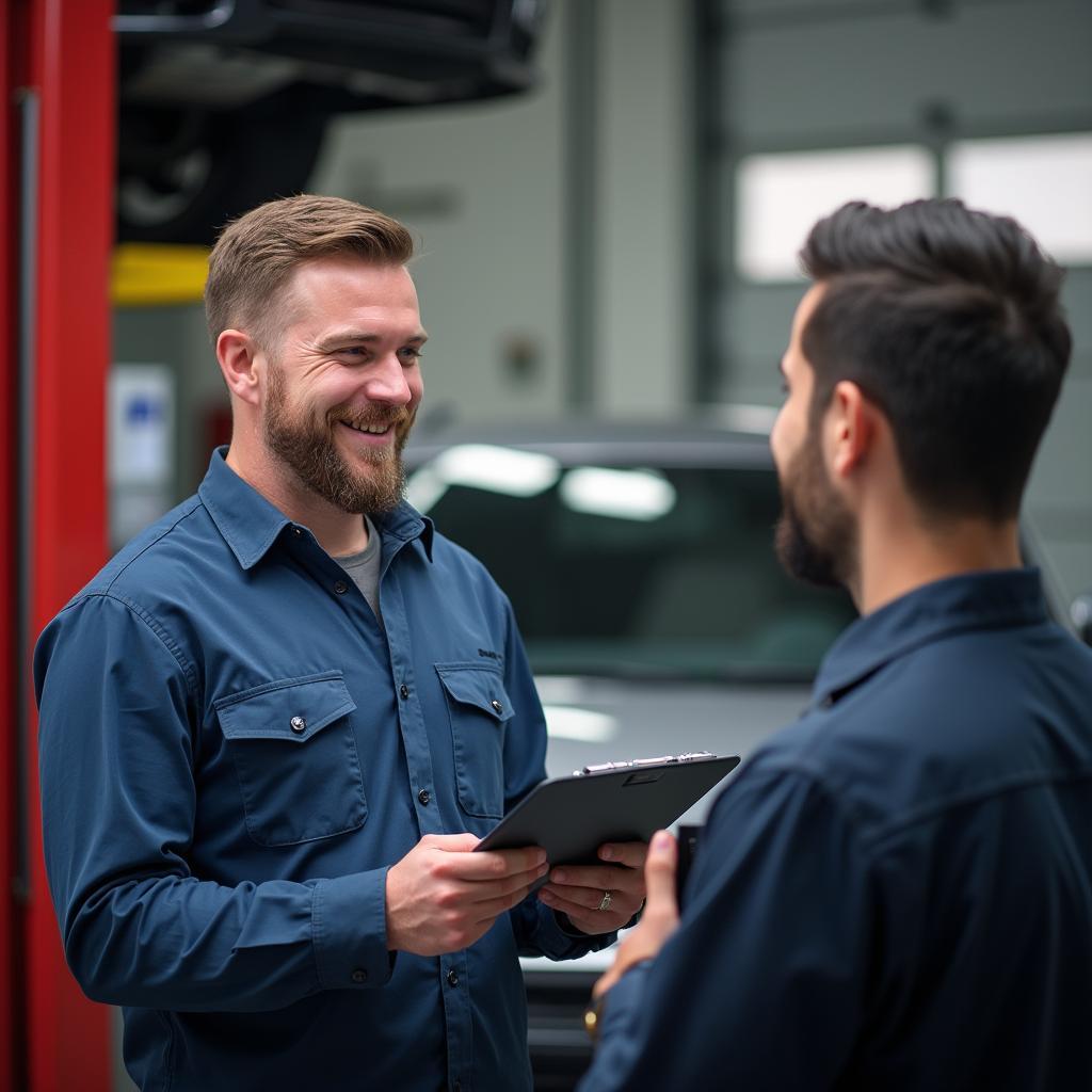 Mechanic discussing a 49 tire and auto service report with a customer