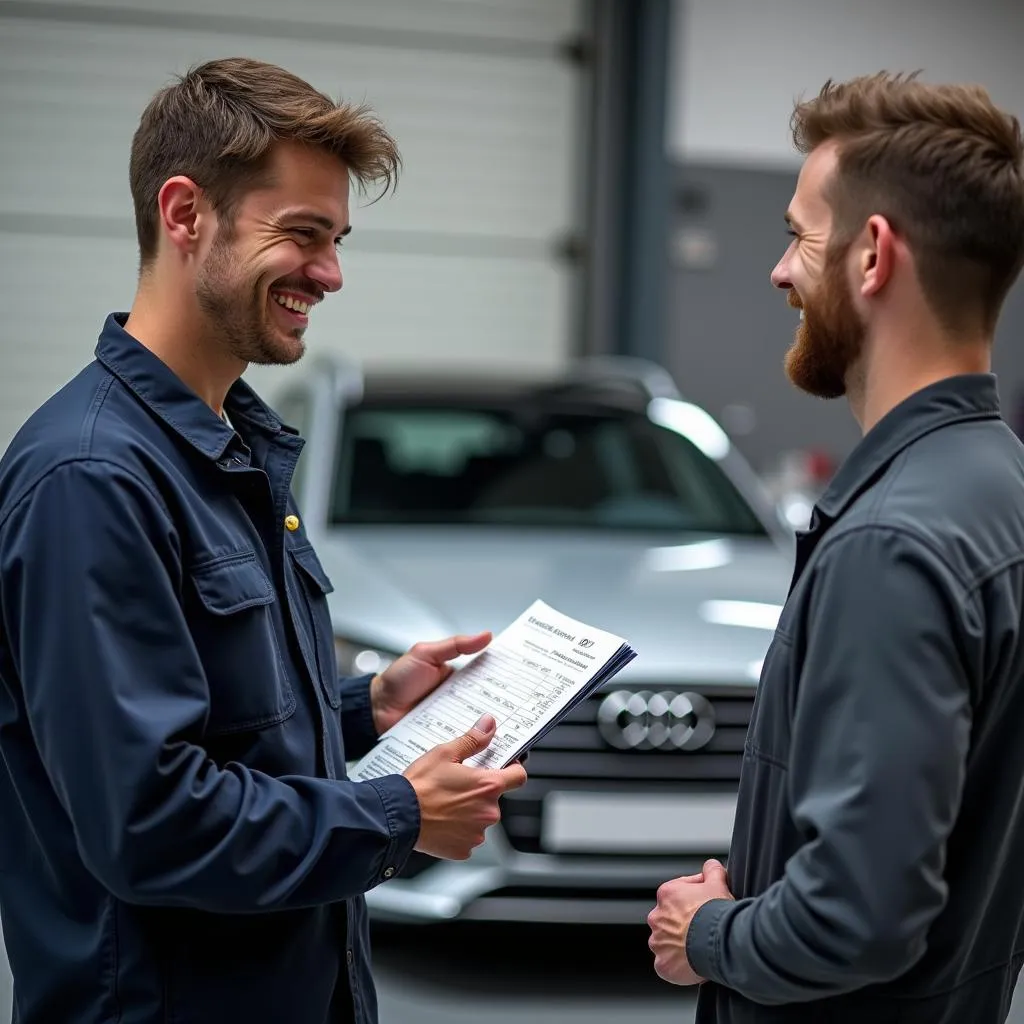 Mechanic Explaining Audi Repairs to Customer