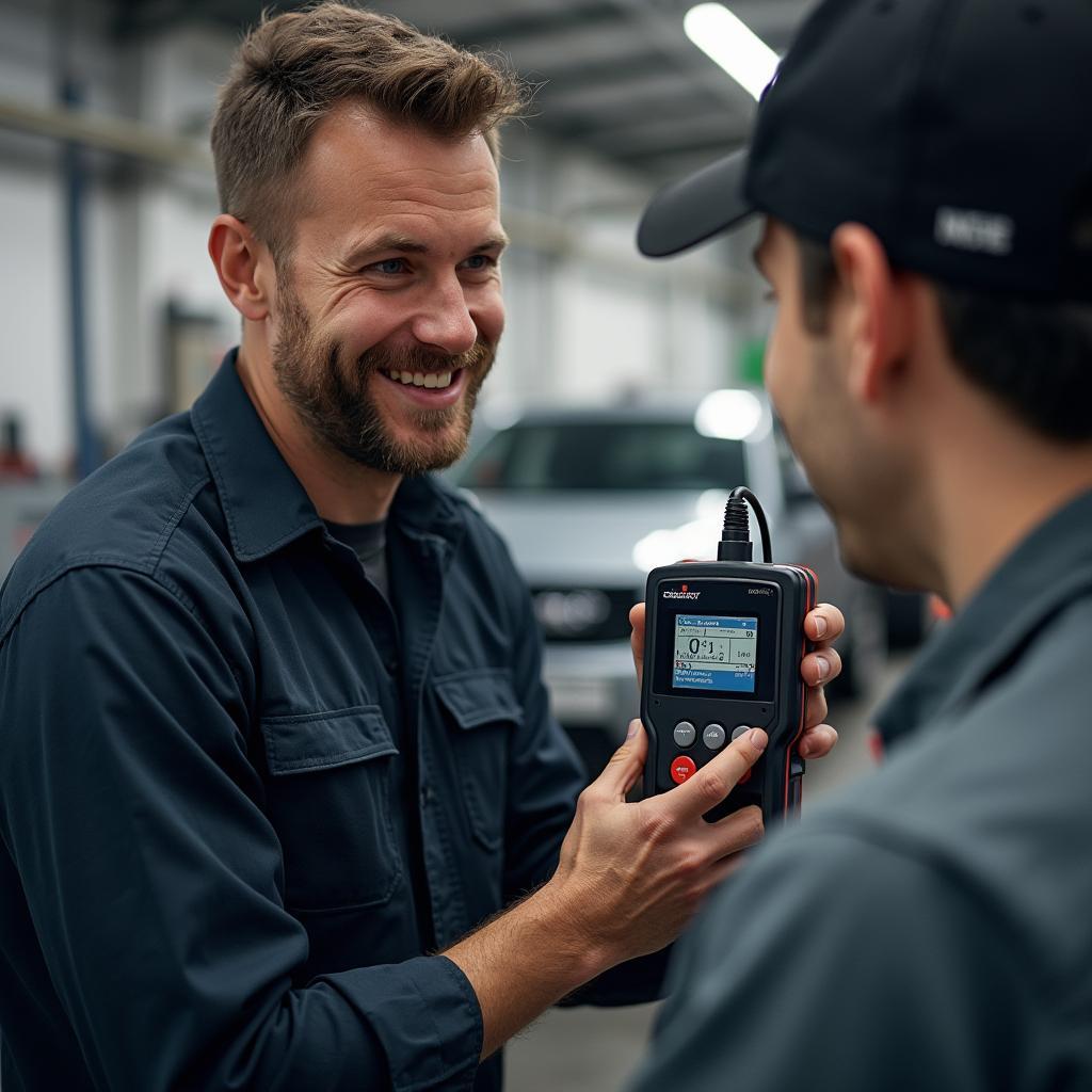 Mechanic Explaining Battery Test to Customer