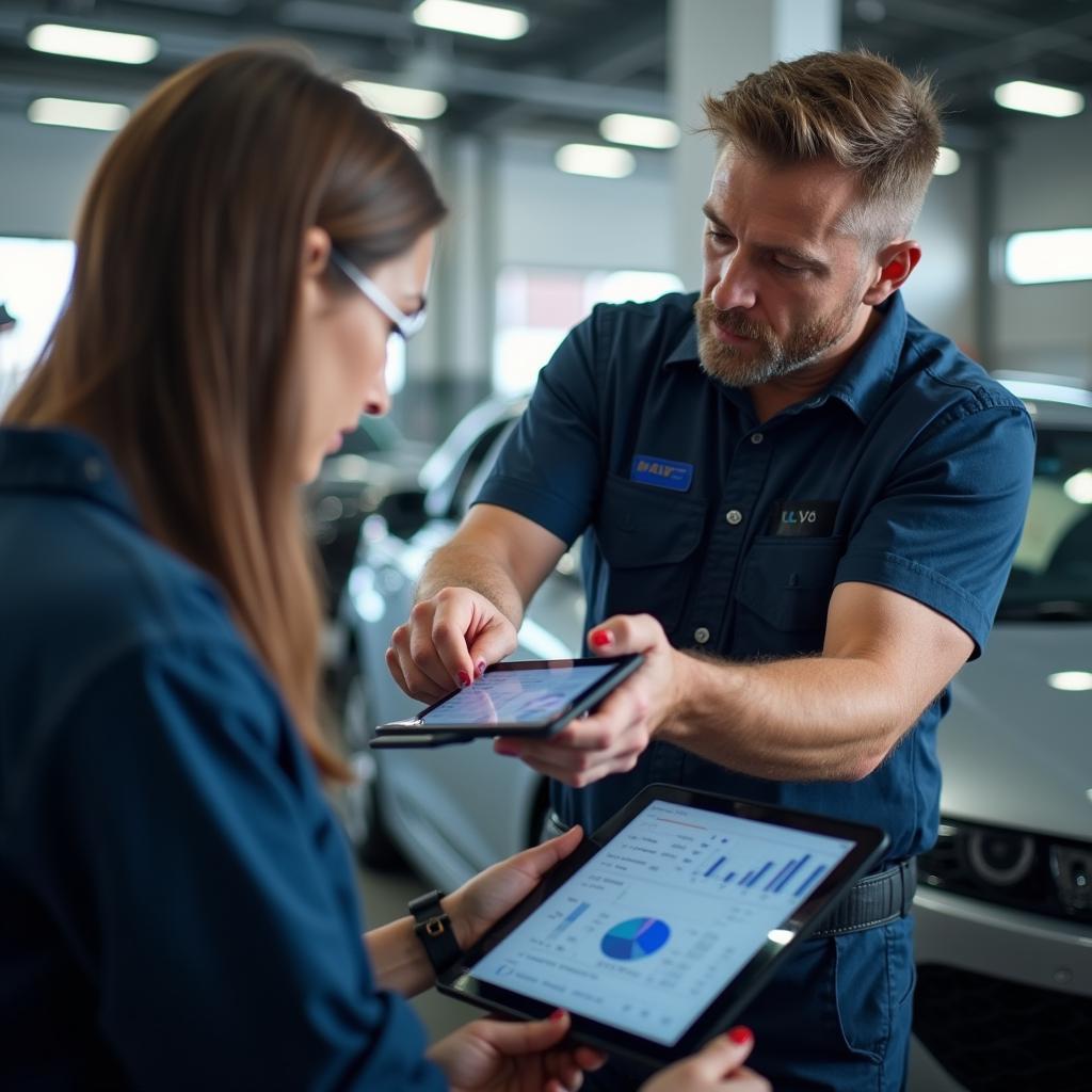 Mechanic explaining car diagnostics to a customer