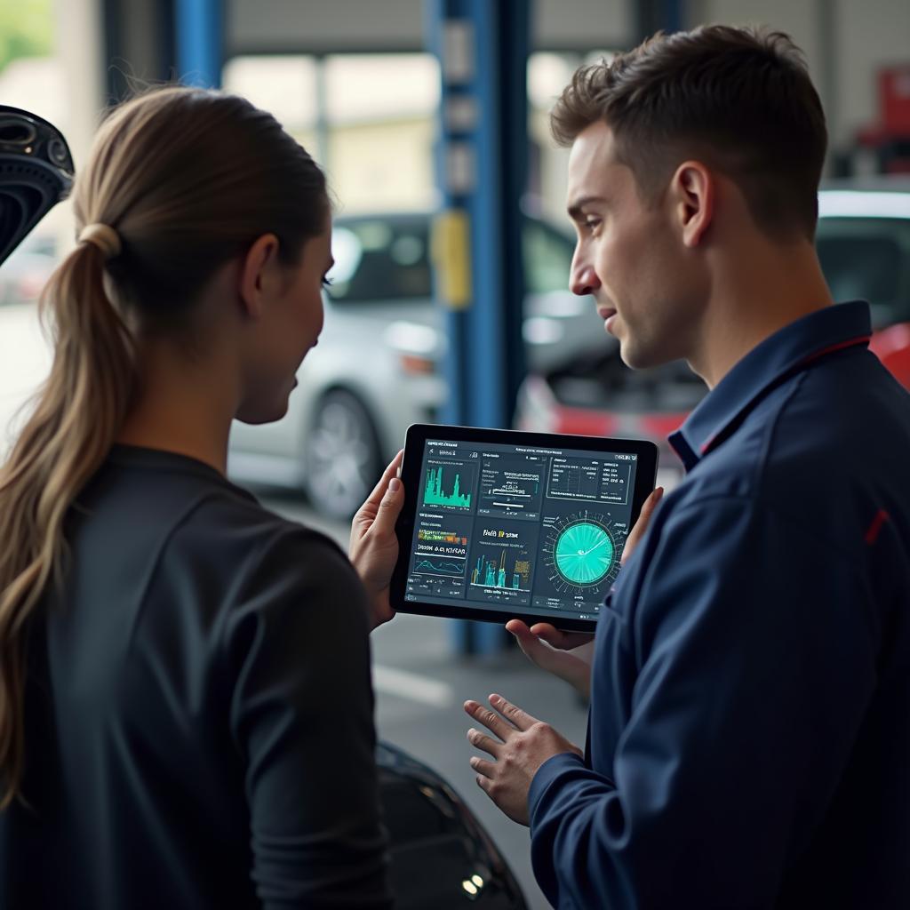 Mechanic Explaining Car Diagnostics Using a Tablet