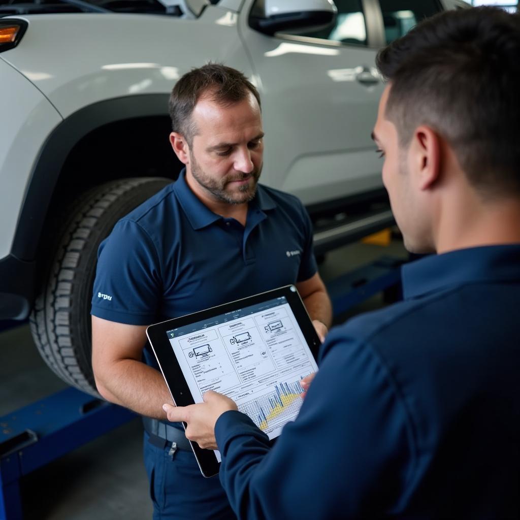 Mechanic Explaining Car Diagnostics to Customer