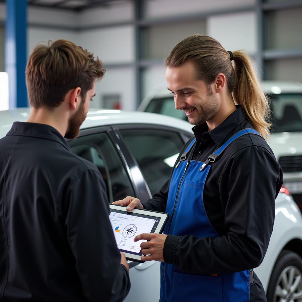 Mechanic Discussing Car Diagnostics with Customer