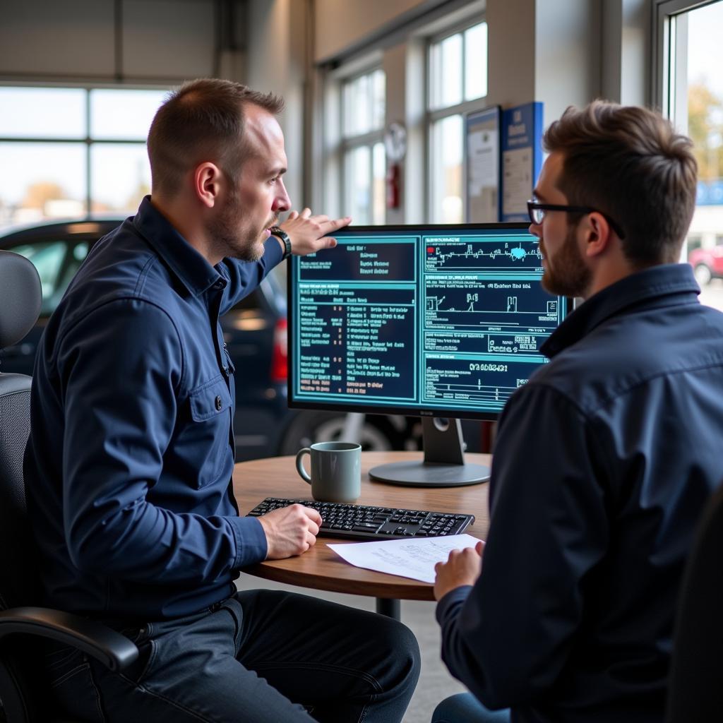 Mechanic explaining car diagnostics to a customer using a computer