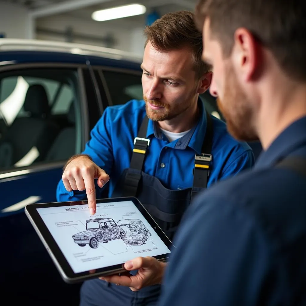 Mechanic explaining car issue to customer