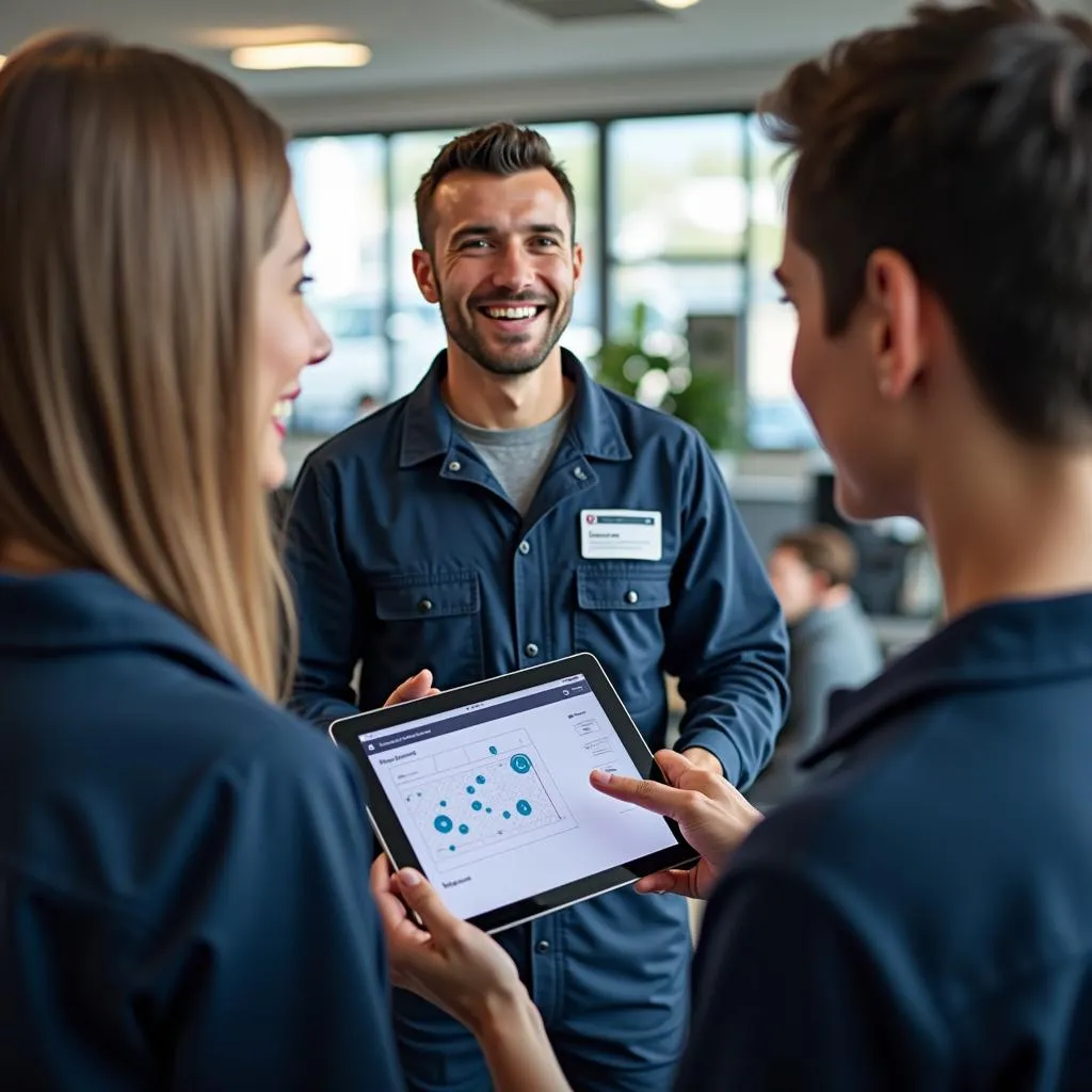 Mechanic explaining car issue to a customer using a tablet