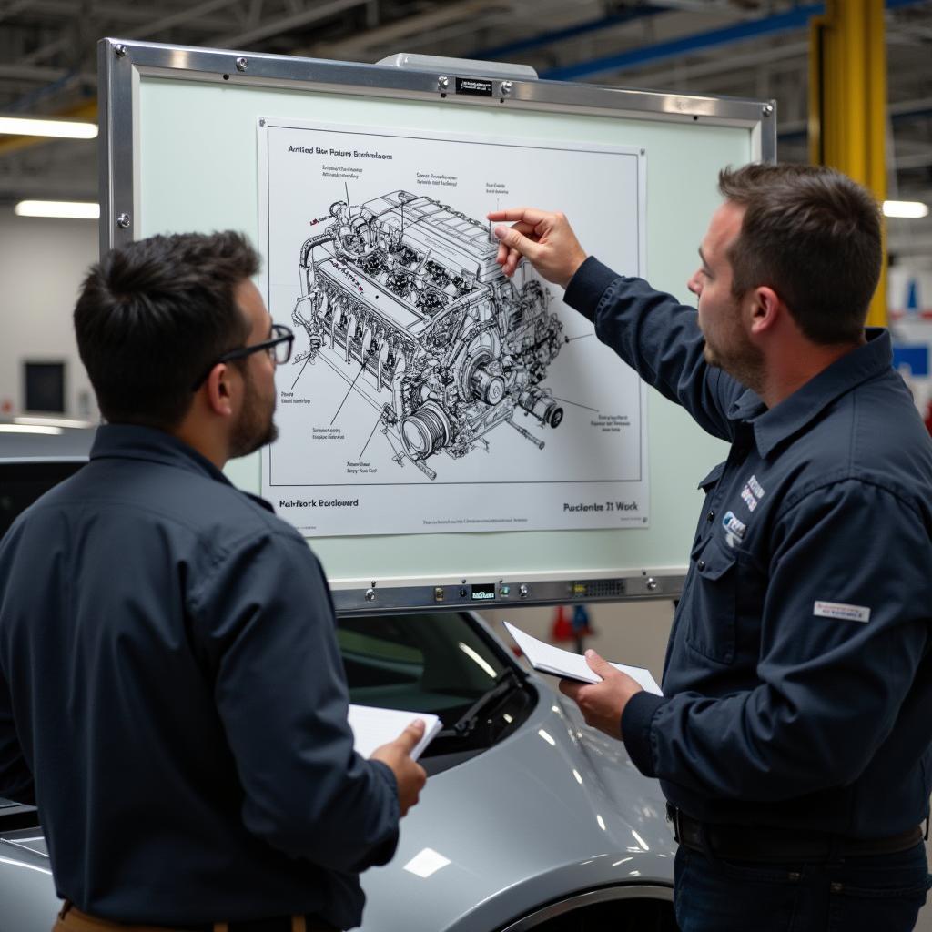 Mechanic explaining car issue to student