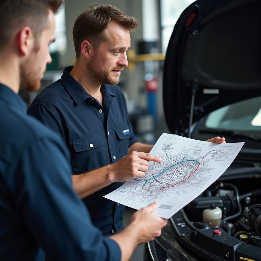 Mechanic explaining car issue to customer