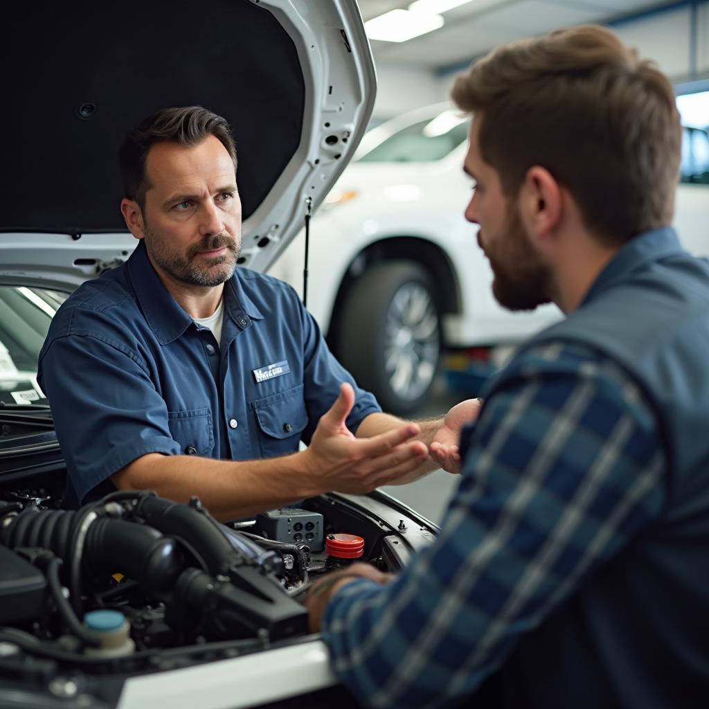 Mechanic clearly explaining a car issue to a customer. 